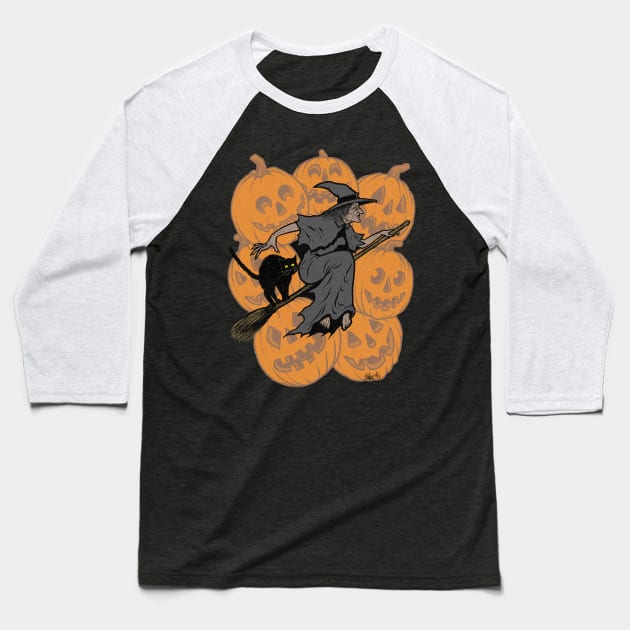 Vintage Halloween "Draw This In Your Style": Witch's Flight Baseball T-Shirt by Chad Savage